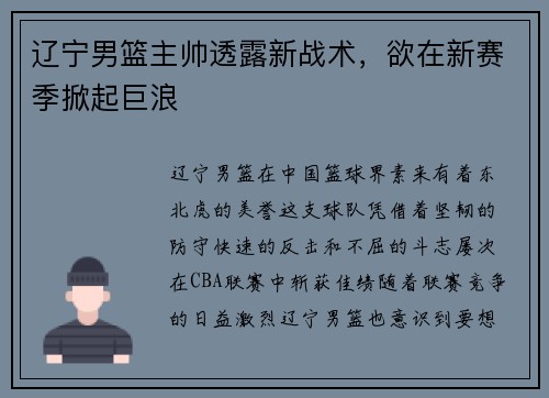 辽宁男篮主帅透露新战术，欲在新赛季掀起巨浪